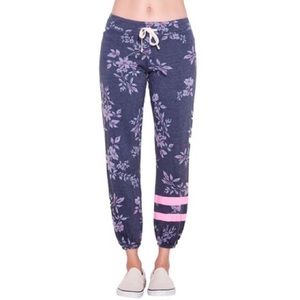 Sundry Dark Floral Striped Jogger Pants Navy Pink Made in USA